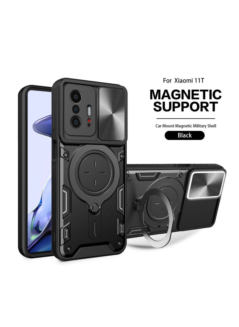 TEAM LUXURY Xiaomi 11T 5G/ 11T PRO 5G Black Mobile Phone Case Cover, Slide Camera Lens Cover, 360°Rotating Kickstand Ring, Bumper Shockproof Phone Case，Compatible with Car Magnetic Mount 
