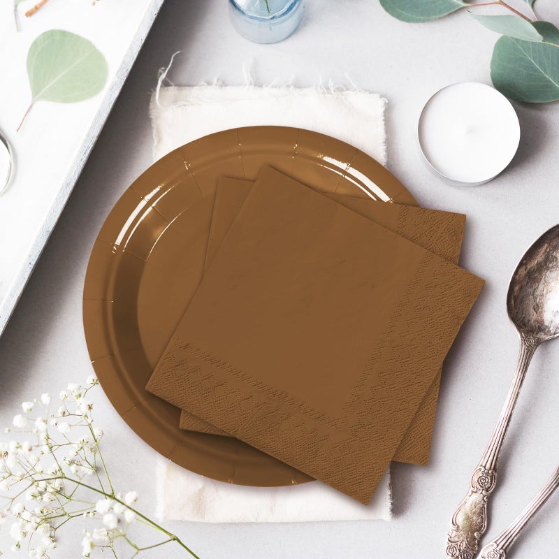 Whaline مجموعة أدوات المائدة البنية من واهلين 100 قطعة مجموعة أدوات مائدة قابلة للتصرف لوجبة العشاء 50 قطعة أطباق ورقية 25 قطعة مناديل 25 قطعة أكواب لحفلات الزفاف أعياد الميلاد حفلات العروس لوازم الحفلات ديكور الطاولة - Image 5