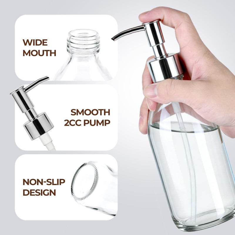 Homepicker 8 oz Clear Glass Pump Bottle, 250ml Small Lotion Dispenser Bottle for Body Massage Oil, Refillable Empty Hand and Dish Soap Dispensers Set with Plastic Silver Pump, Labels - 2 Pack - Image 5