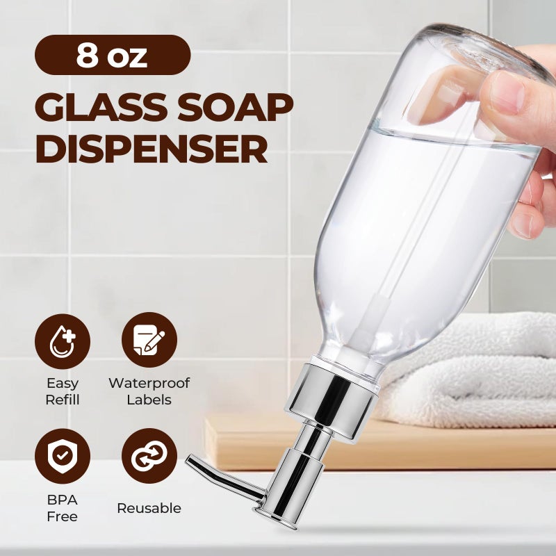 Homepicker 8 oz Clear Glass Pump Bottle, 250ml Small Lotion Dispenser Bottle for Body Massage Oil, Refillable Empty Hand and Dish Soap Dispensers Set with Plastic Silver Pump, Labels - 2 Pack - Image 4