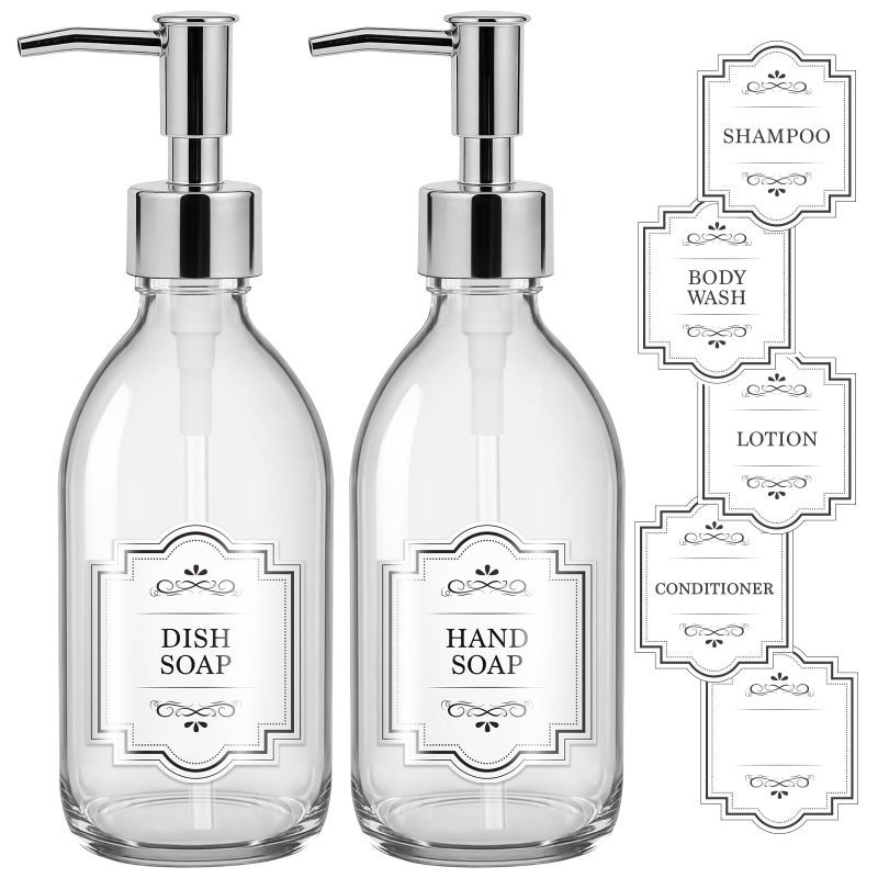Homepicker 8 oz Clear Glass Pump Bottle, 250ml Small Lotion Dispenser Bottle for Body Massage Oil, Refillable Empty Hand and Dish Soap Dispensers Set with Plastic Silver Pump, Labels - 2 Pack - Image 1