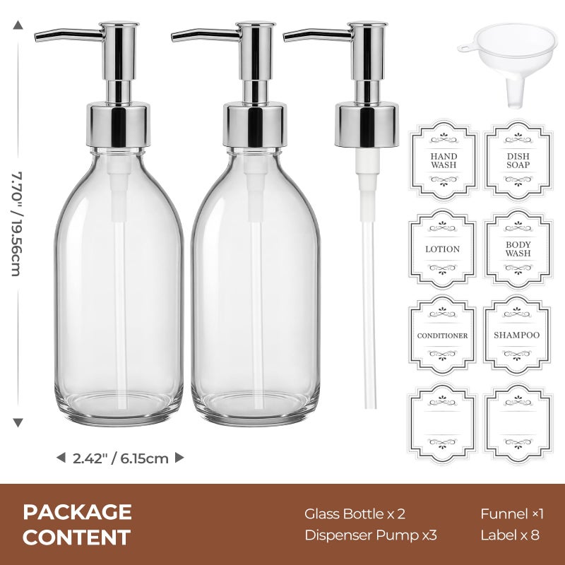 Homepicker 8 oz Clear Glass Pump Bottle, 250ml Small Lotion Dispenser Bottle for Body Massage Oil, Refillable Empty Hand and Dish Soap Dispensers Set with Plastic Silver Pump, Labels - 2 Pack - Image 2