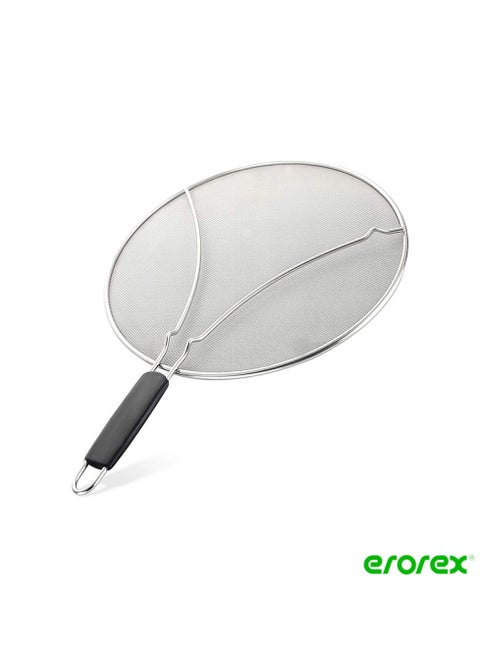 Lakobos Grease Splatter Screen for Frying Pan, Splatter Guard with Silicone Handle, Stops 99% Hot Oil Splash, Stainless Steel Fine Mesh Oil Shield with Resting Feet and Keeps Kitchen Clean