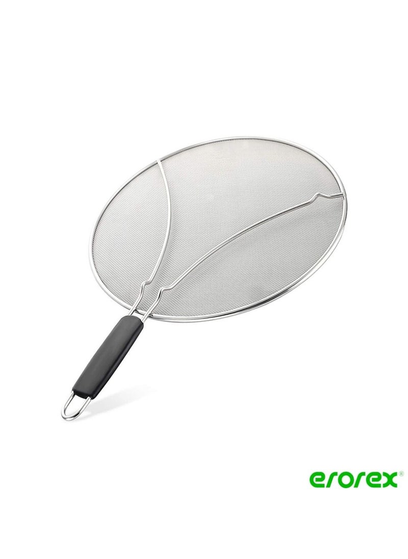 erorex - Lakobos Grease Splatter Screen for Frying Pan, Splatter Guard with Silicone Handle, Stops 99% Hot Oil Splash, Stainless Steel Fine Mesh Oil Shield with Resting Feet and Keeps Kitchen Clean - Image 1
