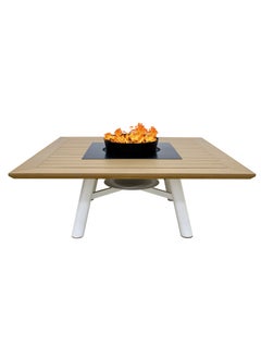 NABCO Light Square Wood-Burning Fire Pit Table for Patio – 135x135x52 cm, Outdoor Dining Table with Fire Pit, Robust and Sleek for Garden or Backyard, Natural Teak/Off White  - Image 1