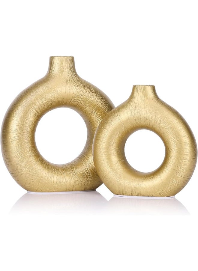 Generic Matte Gold Ceramic Vase Set Of 2 - Ribbed Gold Vase Home Decor Accent, Modern Farmhouse Vases Table Centerpieces And Pampas Grass Flower Decor, Ideal Coffee Table Decor, Mid Century Modern Decor 