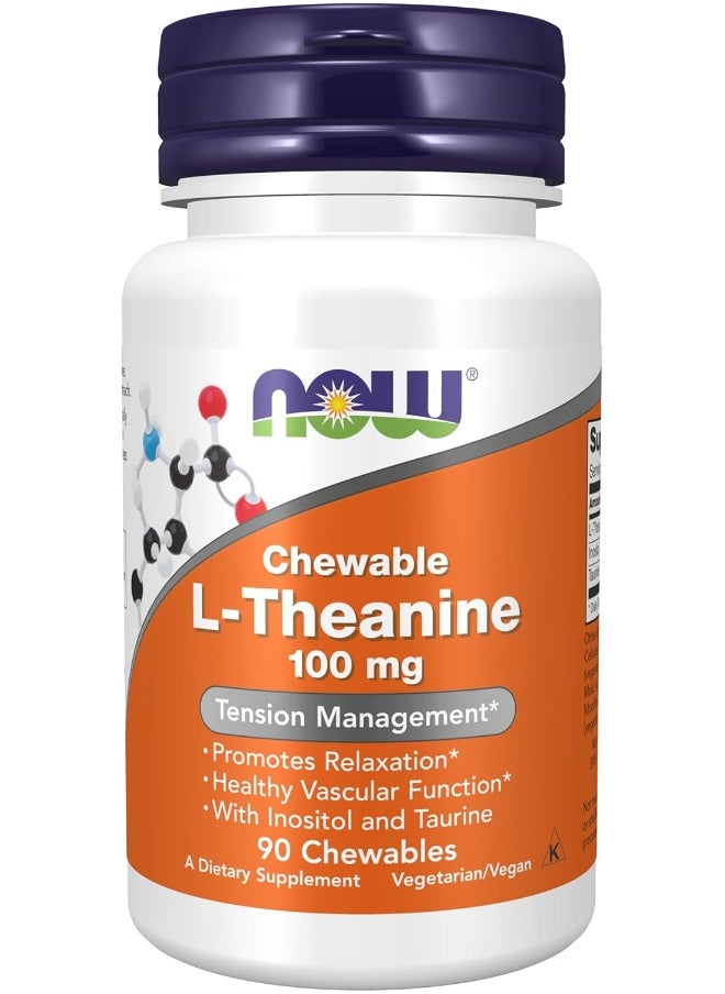 now - NOW Supplements, L-Theanine 100 mg with Inositol and Taurine, Tension Management*, 90 Chewables - Image 1