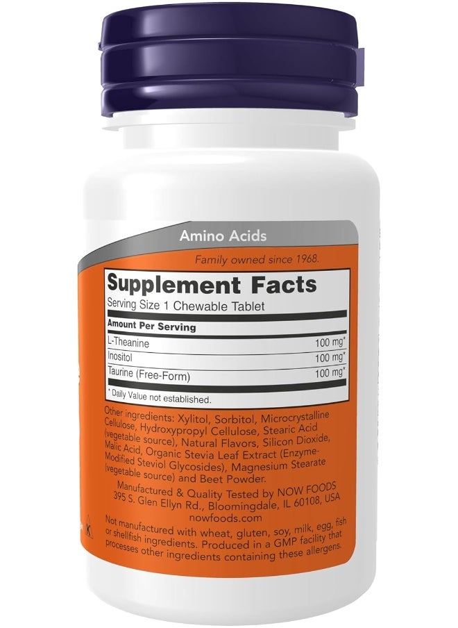 now - NOW Supplements, L-Theanine 100 mg with Inositol and Taurine, Tension Management*, 90 Chewables - Image 1
