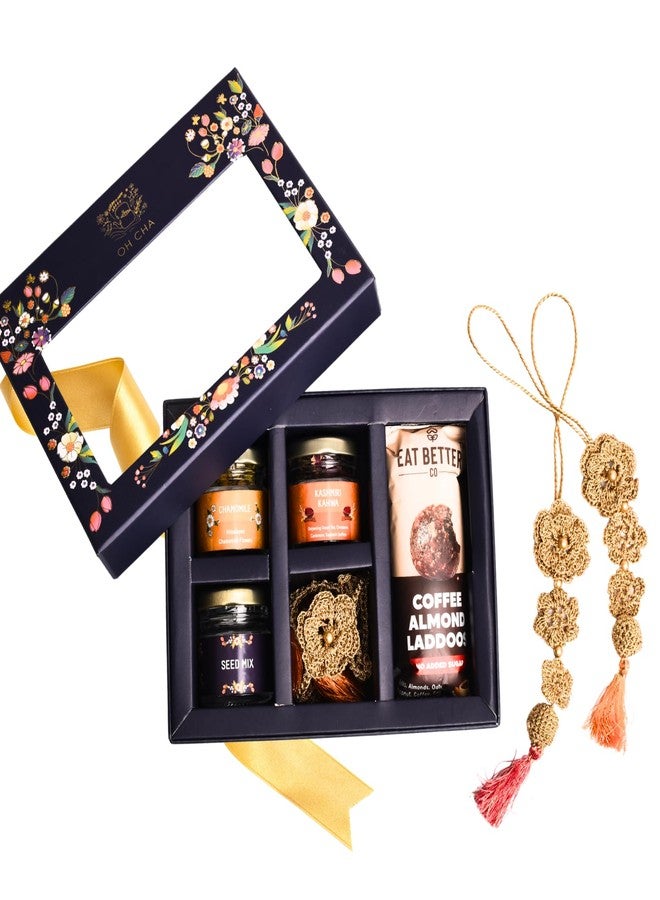 OH CHA - Bhaidooj Gift Box for Brother | Gift Hamper with Chamomile Tea, Kashmiri Kahwa, Seed Mix, Eat Better Coffee Almond Laddu, Handcrafted Rakhi & Roli Chawal Tilak Set | Bhai Dooj Gift Box - Image 1