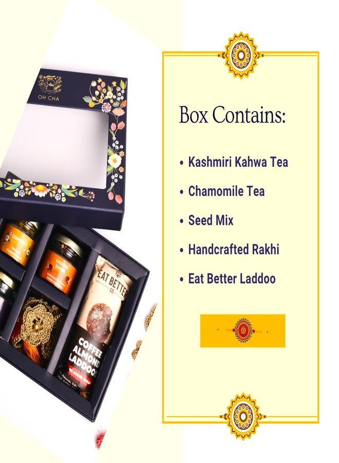 OH CHA - Bhaidooj Gift Box for Brother | Gift Hamper with Chamomile Tea, Kashmiri Kahwa, Seed Mix, Eat Better Coffee Almond Laddu, Handcrafted Rakhi & Roli Chawal Tilak Set | Bhai Dooj Gift Box - Image 3