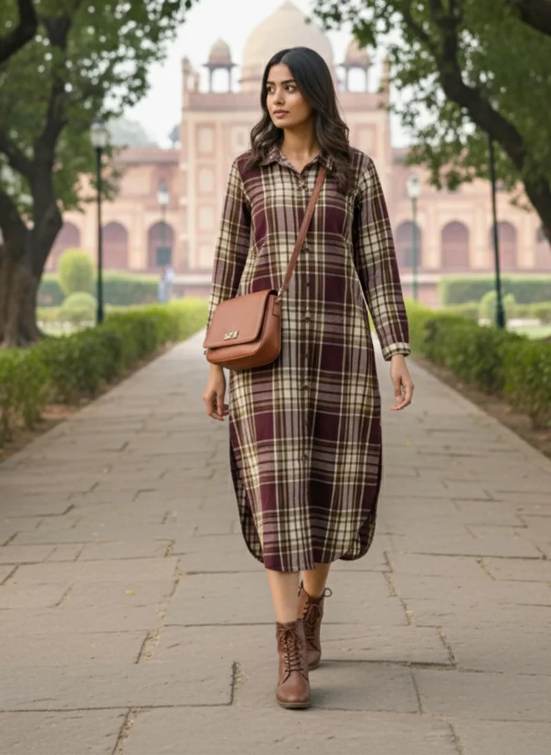 trueBrowns trueBrowns Cola Check Winter Long Shirt Dress