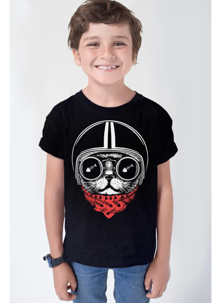 Rock&Roll Helmet Cat Black Short Sleeve Girls Boys Unisex Children's T-Shirt