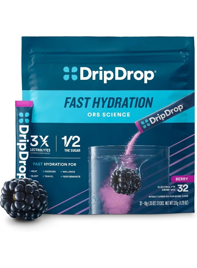 DripDrop ORS – Patented Electrolyte Powder for Dehydration Relief Fast - For Workout, Hangover, Illness, Sweating & Travel Recovery - Berry - 32 x 8oz Servings - Image 1