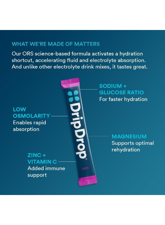 DripDrop ORS – Patented Electrolyte Powder for Dehydration Relief Fast - For Workout, Hangover, Illness, Sweating & Travel Recovery - Berry - 32 x 8oz Servings - Image 4
