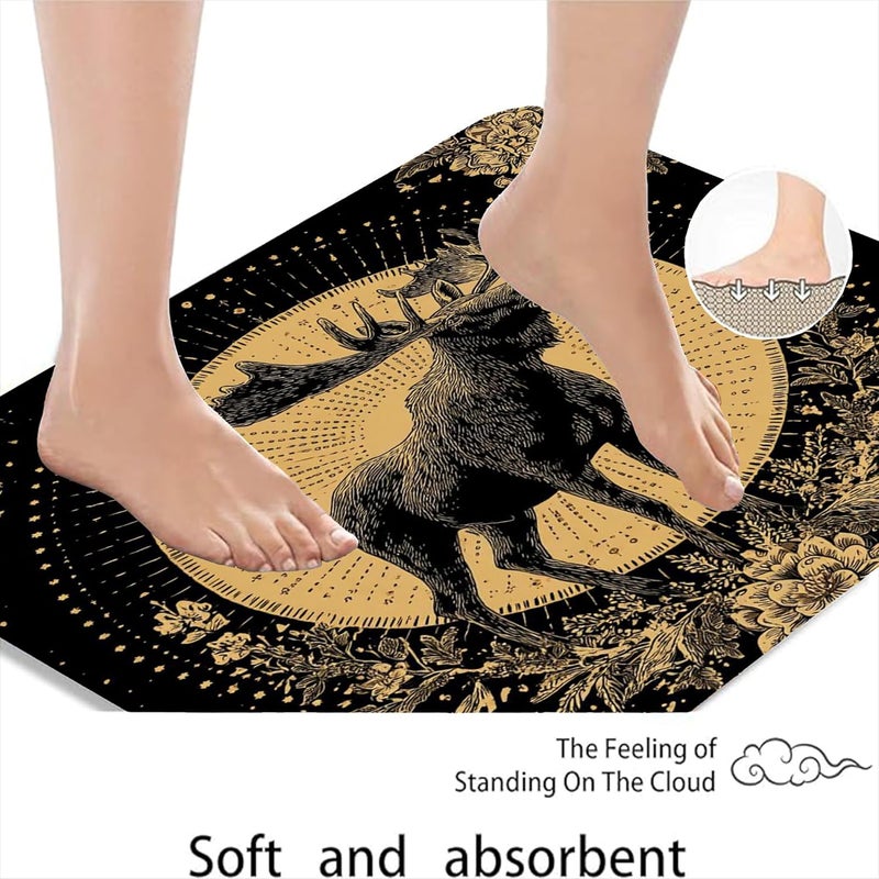 Flexible use switching Moose Themed Quick Dry Bath Mat, Vintage Black and Gold Forest Animal Absorbent Non Slip Shower Rug, Autumn Home Washable Bathroom Floor Mats for Toilet Decor 20x32 Inch Balanced universal design - Image 3