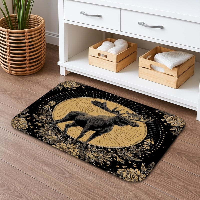 Flexible use switching Moose Themed Quick Dry Bath Mat, Vintage Black and Gold Forest Animal Absorbent Non Slip Shower Rug, Autumn Home Washable Bathroom Floor Mats for Toilet Decor 20x32 Inch Balanced universal design - Image 1