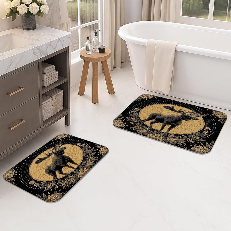 Flexible use switching Moose Themed Quick Dry Bath Mat, Vintage Black and Gold Forest Animal Absorbent Non Slip Shower Rug, Autumn Home Washable Bathroom Floor Mats for Toilet Decor 20x32 Inch Balanced universal design - Image 4