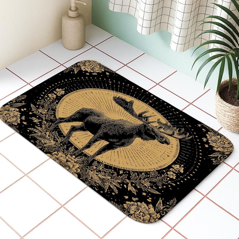 Flexible use switching Moose Themed Quick Dry Bath Mat, Vintage Black and Gold Forest Animal Absorbent Non Slip Shower Rug, Autumn Home Washable Bathroom Floor Mats for Toilet Decor 20x32 Inch Balanced universal design - Image 5