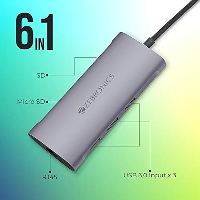 ZEBRONICS 6 IN 1 USB TYPE C MULTIPORT ADAPTER ZEB TA1000UCL WITH USB, SD, MICRO SD, RJ45 SLOTS - Image 2