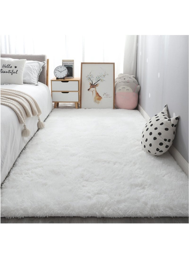 TAPIT 160x200cm Home Shaggy Area Rug for Bedroom Bedside Living Room, Washable Carpet Mat for Sofa Coffee Table, Bay Window Long Furry Carpet, Bedside Non-Slip Plush Floor Mat (White) - Image 1