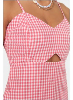 trendyol Pink Checkered Window Detailed Strappy Mini Woven Jumpsuit TWOSS22TU0277  - Image 2