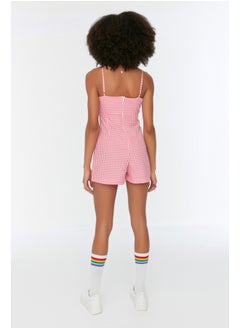 trendyol Pink Checkered Window Detailed Strappy Mini Woven Jumpsuit TWOSS22TU0277  - Image 5