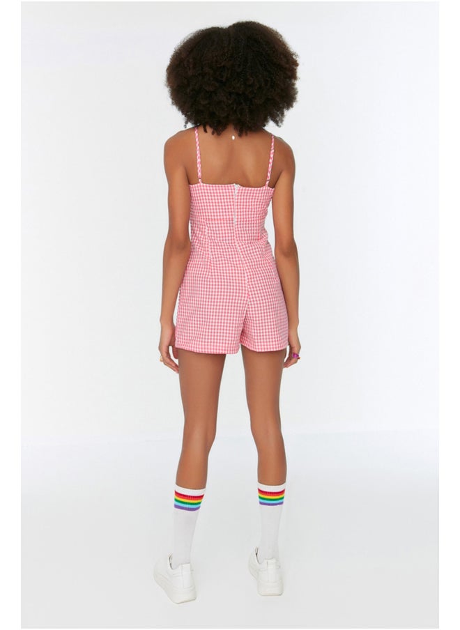 trendyol - Pink Checkered Window Detailed Strappy Mini Woven Jumpsuit TWOSS22TU0277 - Image 1