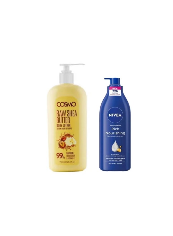 Nivea 72h Intense Moisture Rich Nourishing Body Lotion For Dry Skin 400ml & Raw Shea Butter  Body Lotion Natural Shea Butter And Vitamin E 750 Ml Bundle - Image 1