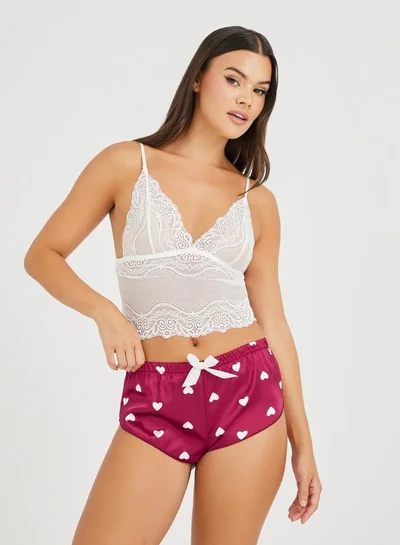 Styli Lace Bralette and All-Over Heart Print Shorts Set