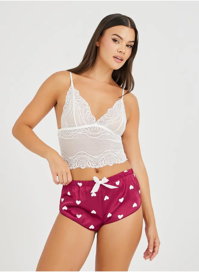 ستايلي Styli Lace Bralette and All-Over Heart Print Shorts Set