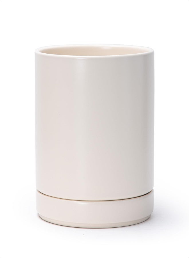 D'vine Dev 8.2 Inch Ceramic Planter Pot with Drainage Hole and Saucer, Indoor Cylinder Round Planter Pot, Oatmeal, 94-O-D-8 - Image 1