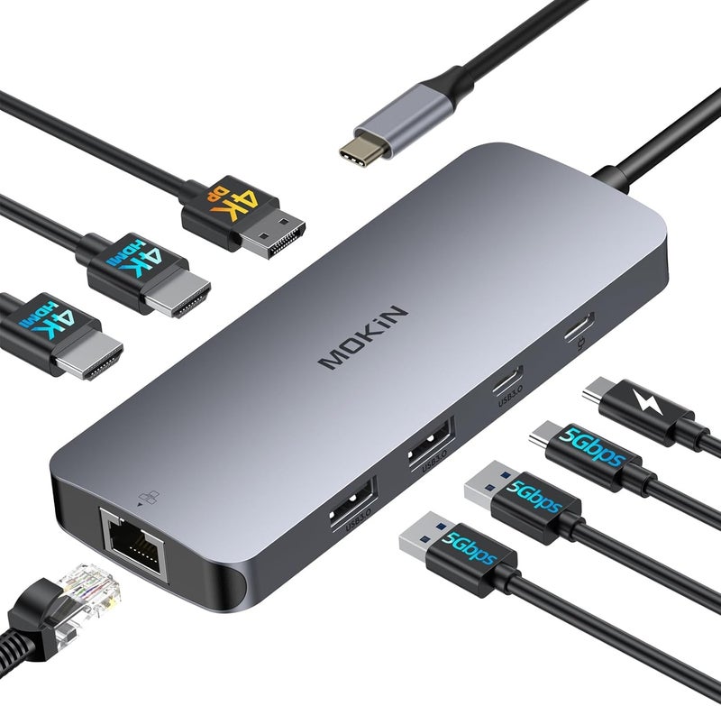 Mokin USB C Docking Station 3 Monitors,USB C Docking Station with 2 HDMI, 4K DisplayPort, 1Gbps Ethernet, 100W PD Charging, 3 USB A/C 3.0,Multiport Adapter for Dell XPS/HP/Lenovo/Surface - Image 1