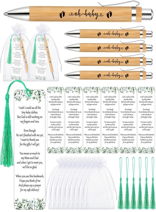 Geyoga 50 Sets Baby Shower Favors for Guests Bamboo Ballpoint Pens Gifts with Tassels Bookmarks and Organza Bags Gender Reveal Gifts for Souvenirs Prizes (Greenery) - Image 1