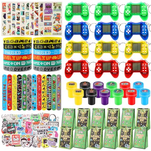 LiYiQ 122 Pcs Video Game Party Favors With Video Game Keychains Slap Bracelets Temporary Tattoos Silicone Wristband Gift Tags Stamps Stickers and Gift Bags for Gamer Birthday Party Supplies - Image 1