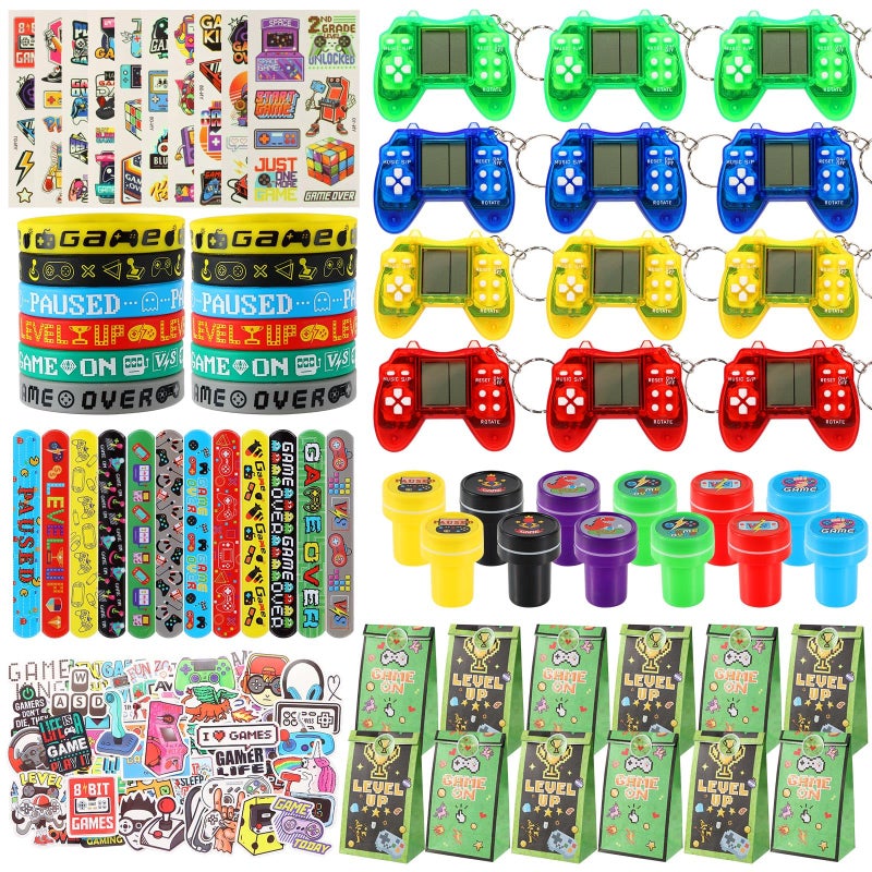 LiYiQ 122 Pcs Video Game Party Favors With Video Game Keychains Slap Bracelets Temporary Tattoos Silicone Wristband Gift Tags Stamps Stickers and Gift Bags for Gamer Birthday Party Supplies - Image 2