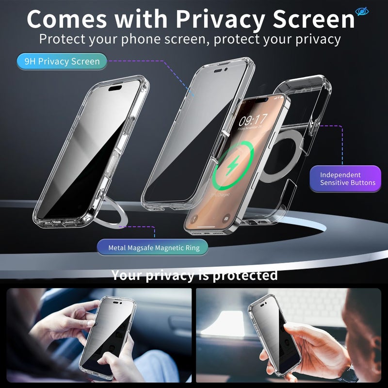 WASTROYAL Privacy Case for iPhone 17 Pro Max with 360Â°Stand [Built-in Anti Peeping Screen Protector] [Magnetic Ring ] Full Body Protective Phone 17Pro Cover 6.9", Clear - Image 2