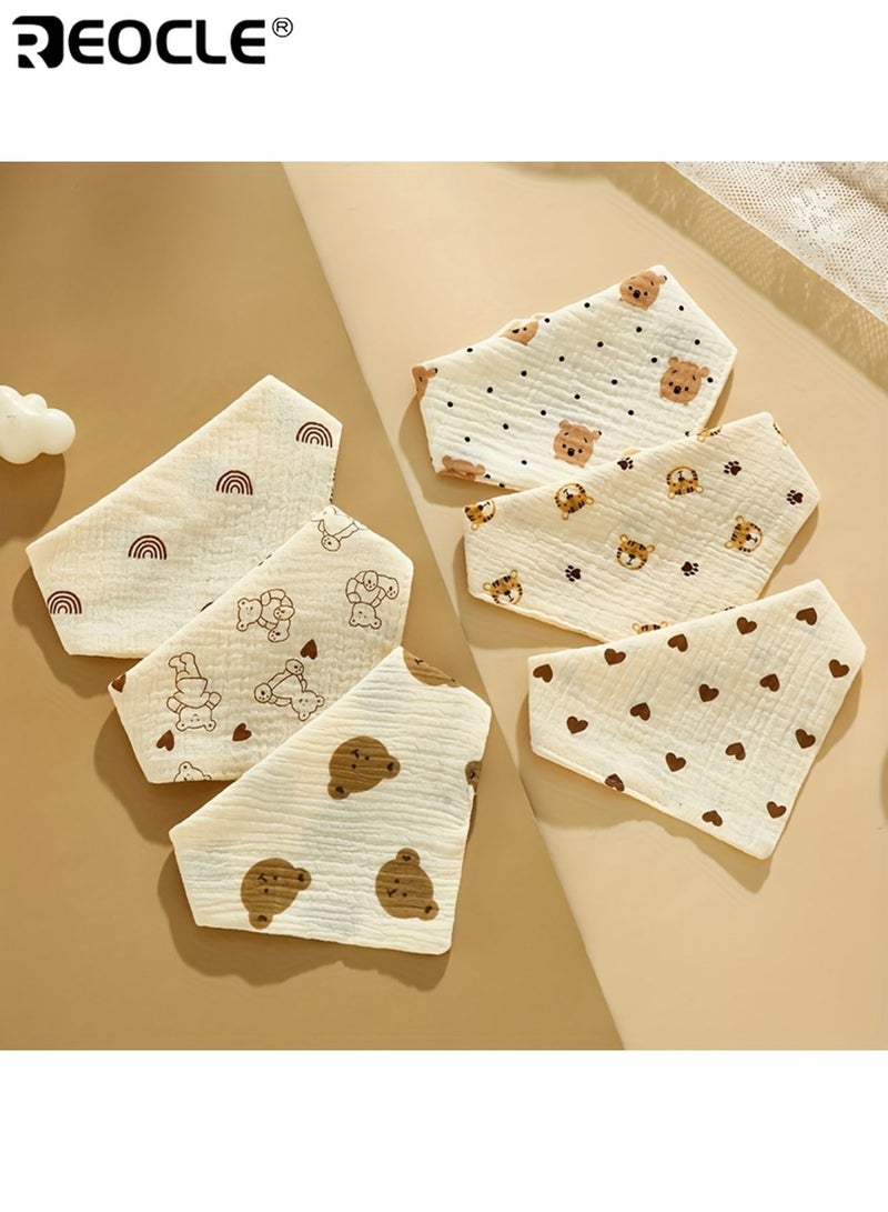 ريوكل ٦ مريلات أطفال قطنية ناعمة مع إغلاق بزر أقمشة ماصة لللعاب قماش منسوج قابل للتنفس طبعات كرتونية لطيفة مريلات مثلثة للأولاد والبنات - Image 2