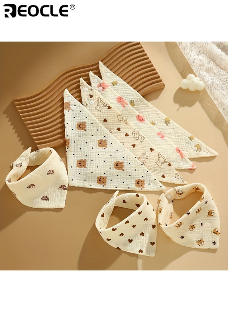 ريوكل ٦ مريلات أطفال قطنية ناعمة مع إغلاق بزر أقمشة ماصة لللعاب قماش منسوج قابل للتنفس طبعات كرتونية لطيفة مريلات مثلثة للأولاد والبنات - Image 3