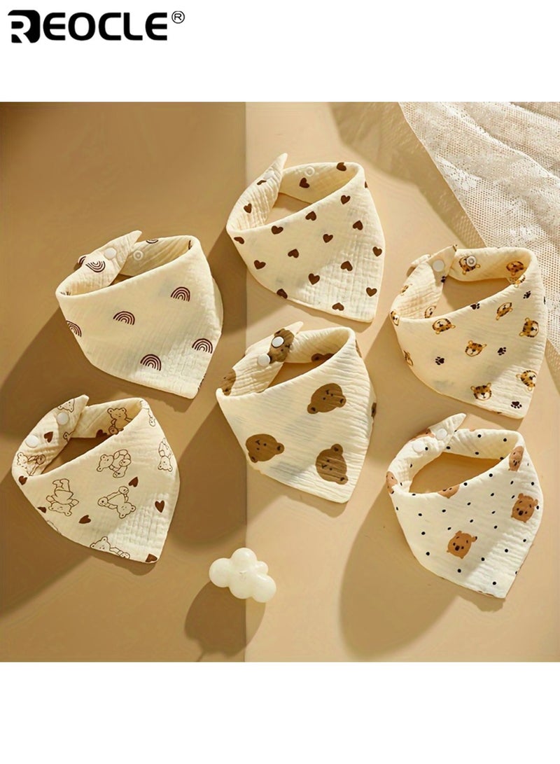 ريوكل ٦ مريلات أطفال قطنية ناعمة مع إغلاق بزر أقمشة ماصة لللعاب قماش منسوج قابل للتنفس طبعات كرتونية لطيفة مريلات مثلثة للأولاد والبنات - Image 1