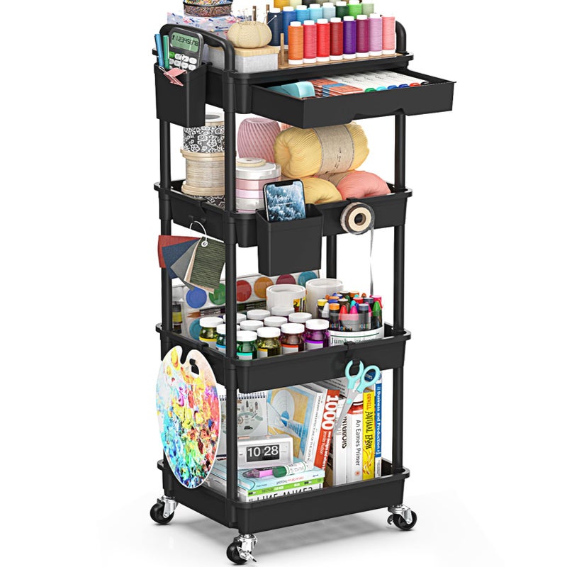 SUNALLY 4 Tier Rolling Utility Cart with Drawer, Storage Organizer Cart with 2 Lockable Wheels, Multifunctional Rolling Storage Cart for Bathroom, Kitchen, Craft, Makeup, Baby Essentials, Black - Image 1