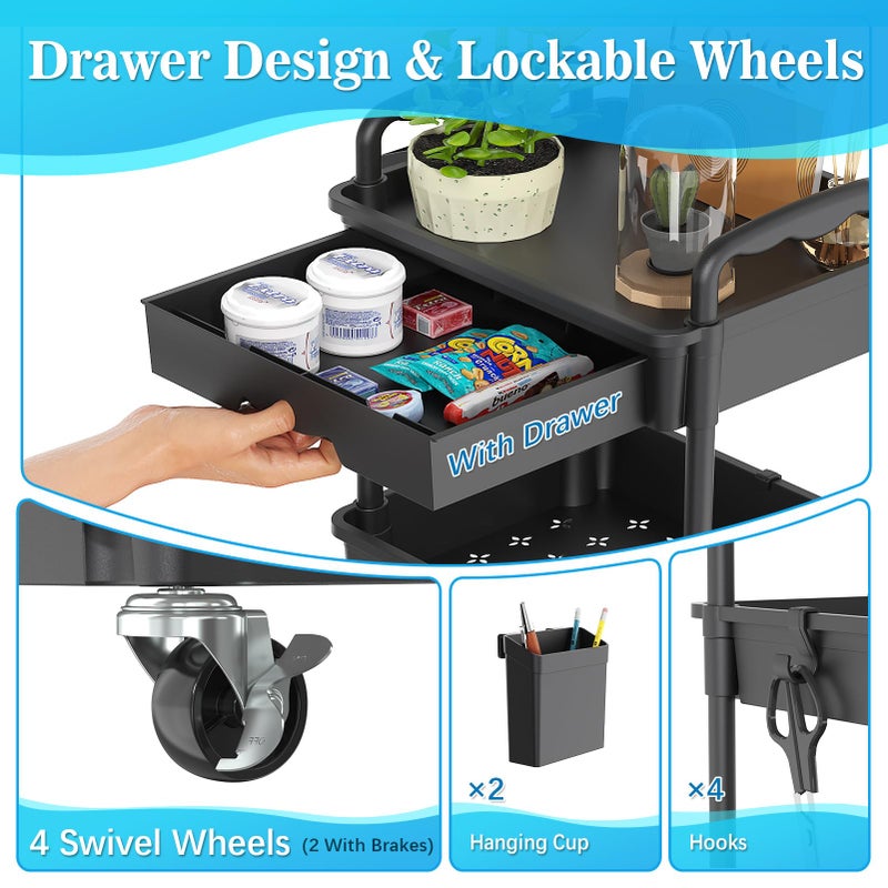 SUNALLY 4 Tier Rolling Utility Cart with Drawer, Storage Organizer Cart with 2 Lockable Wheels, Multifunctional Rolling Storage Cart for Bathroom, Kitchen, Craft, Makeup, Baby Essentials, Black - Image 3