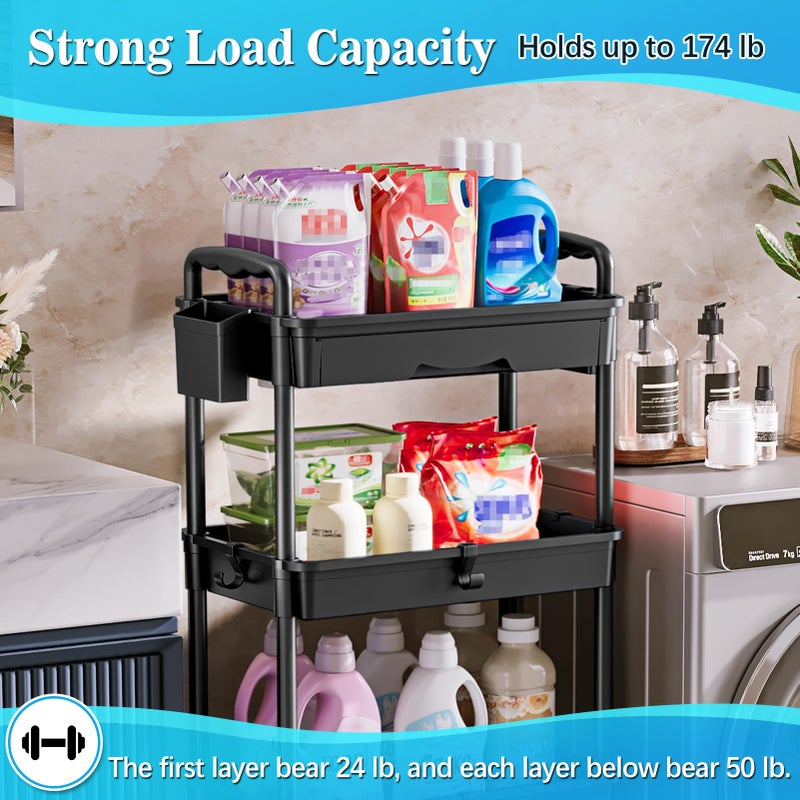 SUNALLY 4 Tier Rolling Utility Cart with Drawer, Storage Organizer Cart with 2 Lockable Wheels, Multifunctional Rolling Storage Cart for Bathroom, Kitchen, Craft, Makeup, Baby Essentials, Black - Image 5