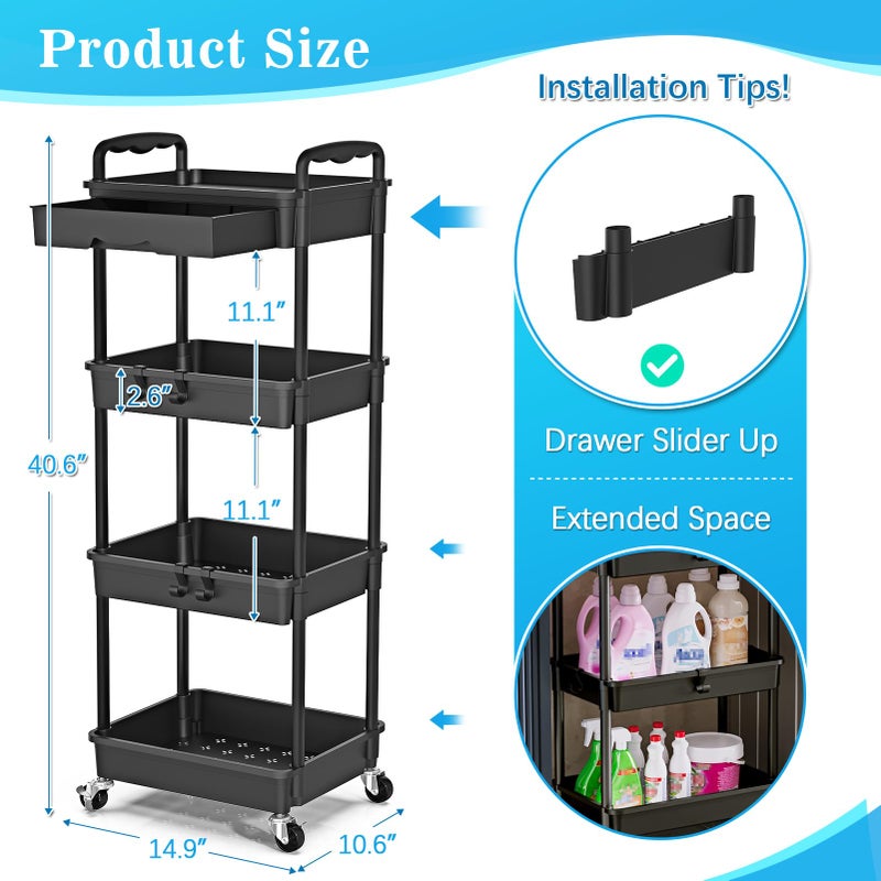 SUNALLY 4 Tier Rolling Utility Cart with Drawer, Storage Organizer Cart with 2 Lockable Wheels, Multifunctional Rolling Storage Cart for Bathroom, Kitchen, Craft, Makeup, Baby Essentials, Black - Image 2