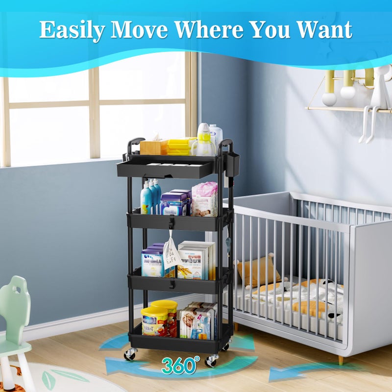 SUNALLY 4 Tier Rolling Utility Cart with Drawer, Storage Organizer Cart with 2 Lockable Wheels, Multifunctional Rolling Storage Cart for Bathroom, Kitchen, Craft, Makeup, Baby Essentials, Black - Image 4