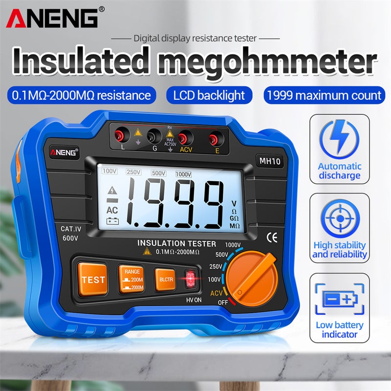 Digital Megohmmeter: Blue Variable 100V/250V/500V/1000V - High Stability Insulation Resistance Tester With Auto Voltage Release, Backlit LCD for Electrical Equipment Maintenance & Testing - Image 2