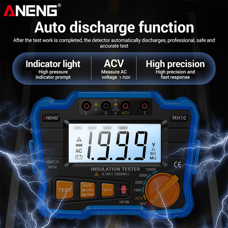 Digital Megohmmeter: Blue Variable 100V/250V/500V/1000V - High Stability Insulation Resistance Tester With Auto Voltage Release, Backlit LCD for Electrical Equipment Maintenance & Testing - Image 4