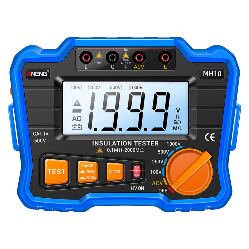 Digital Megohmmeter: Blue Variable 100V/250V/500V/1000V - High Stability Insulation Resistance Tester With Auto Voltage Release, Backlit LCD for Electrical Equipment Maintenance & Testing - Image 1