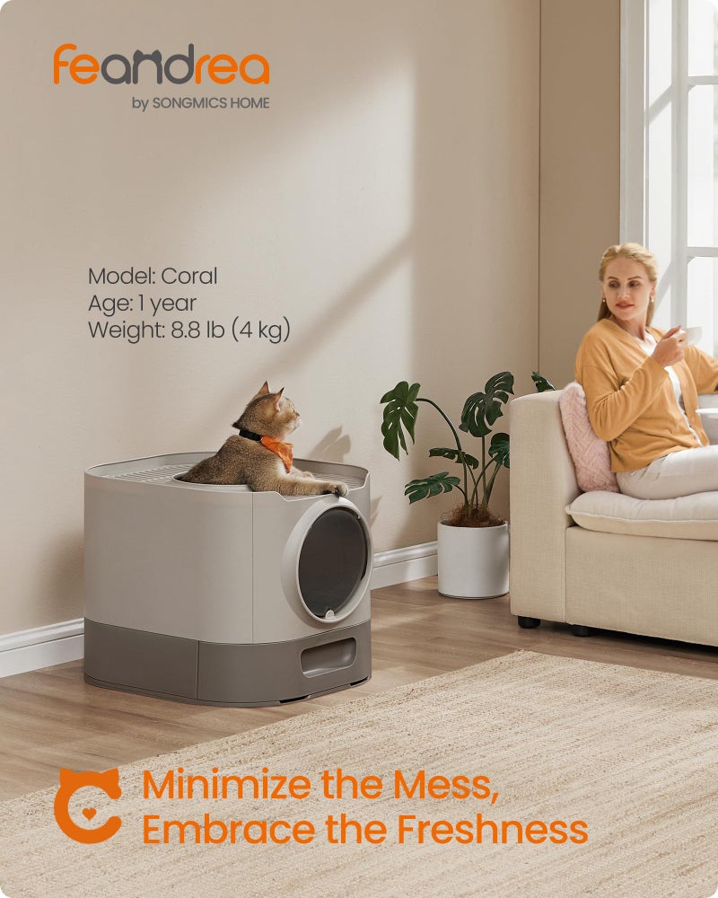 Feandrea Cat Litter Box with Lid, XL Enclosed Litter Box with Slide-Out Tray, Scoop, Brush, Anti-Tracking, for Cats of Different Sizes, Oatmeal and Warm Gray UPPT002G01 - Image 2