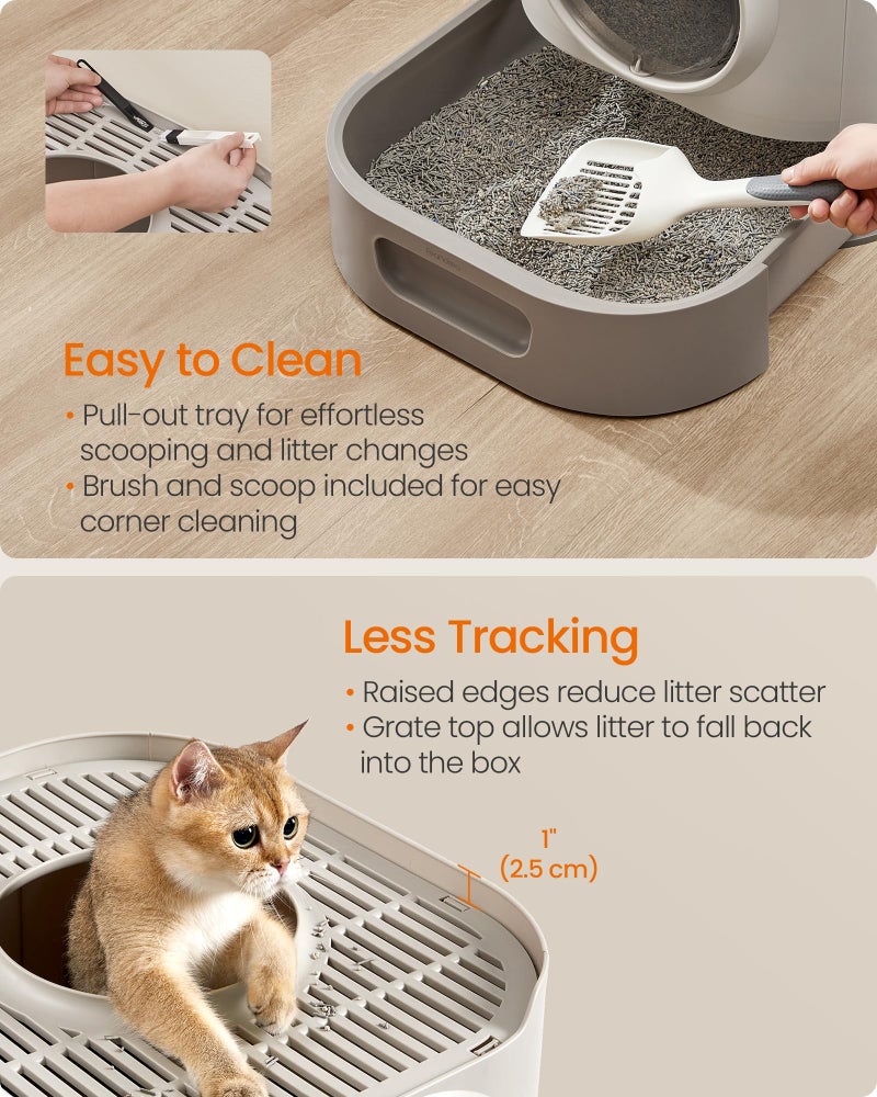 Feandrea Cat Litter Box with Lid, XL Enclosed Litter Box with Slide-Out Tray, Scoop, Brush, Anti-Tracking, for Cats of Different Sizes, Oatmeal and Warm Gray UPPT002G01 - Image 4
