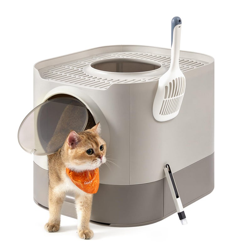 Feandrea Cat Litter Box with Lid, XL Enclosed Litter Box with Slide-Out Tray, Scoop, Brush, Anti-Tracking, for Cats of Different Sizes, Oatmeal and Warm Gray UPPT002G01 - Image 1